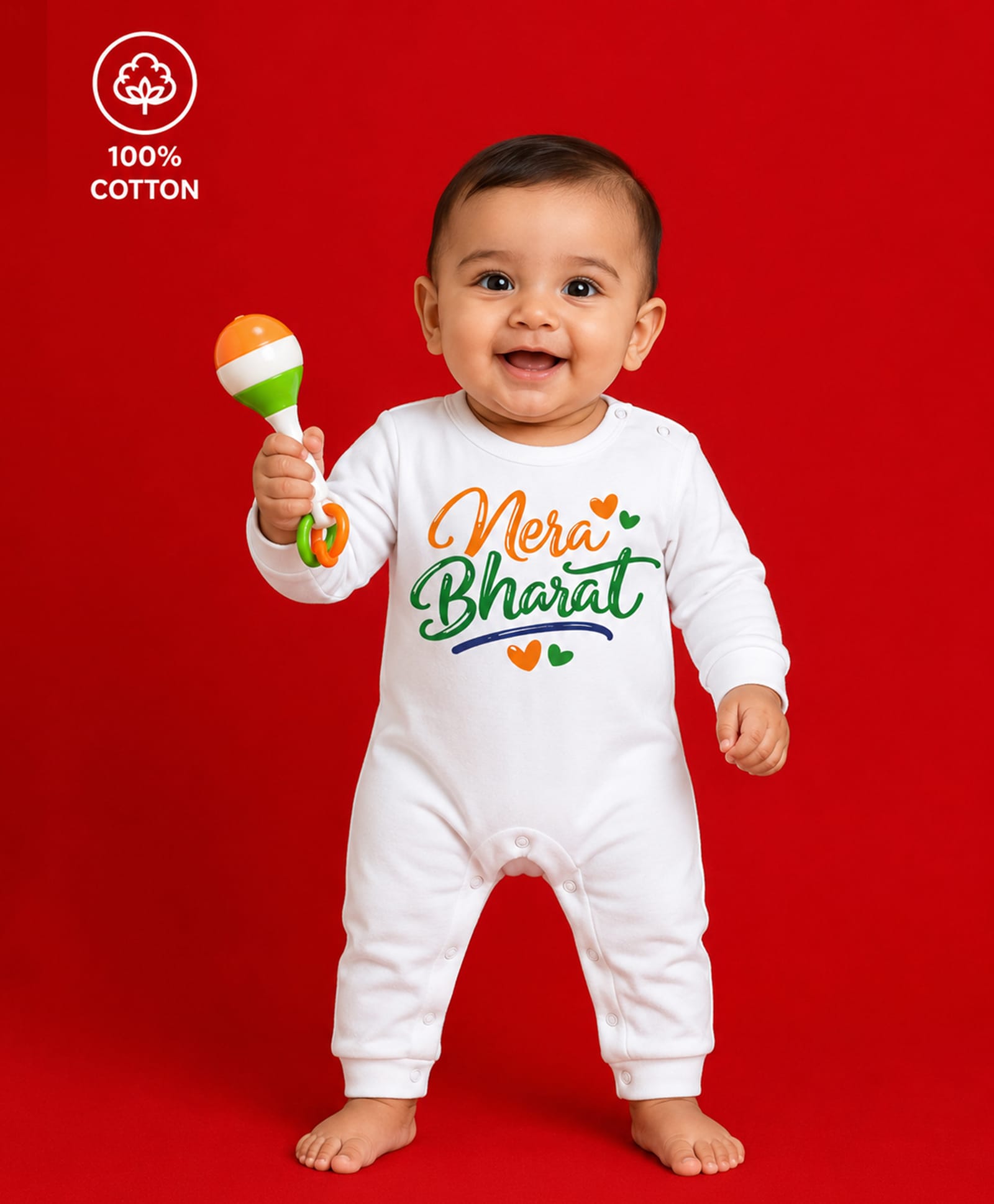 BLUSHES 100% Cotton Knit Independence Day Theme Full Sleeves Mera Bharat Text Printed Romper - White-picture-16