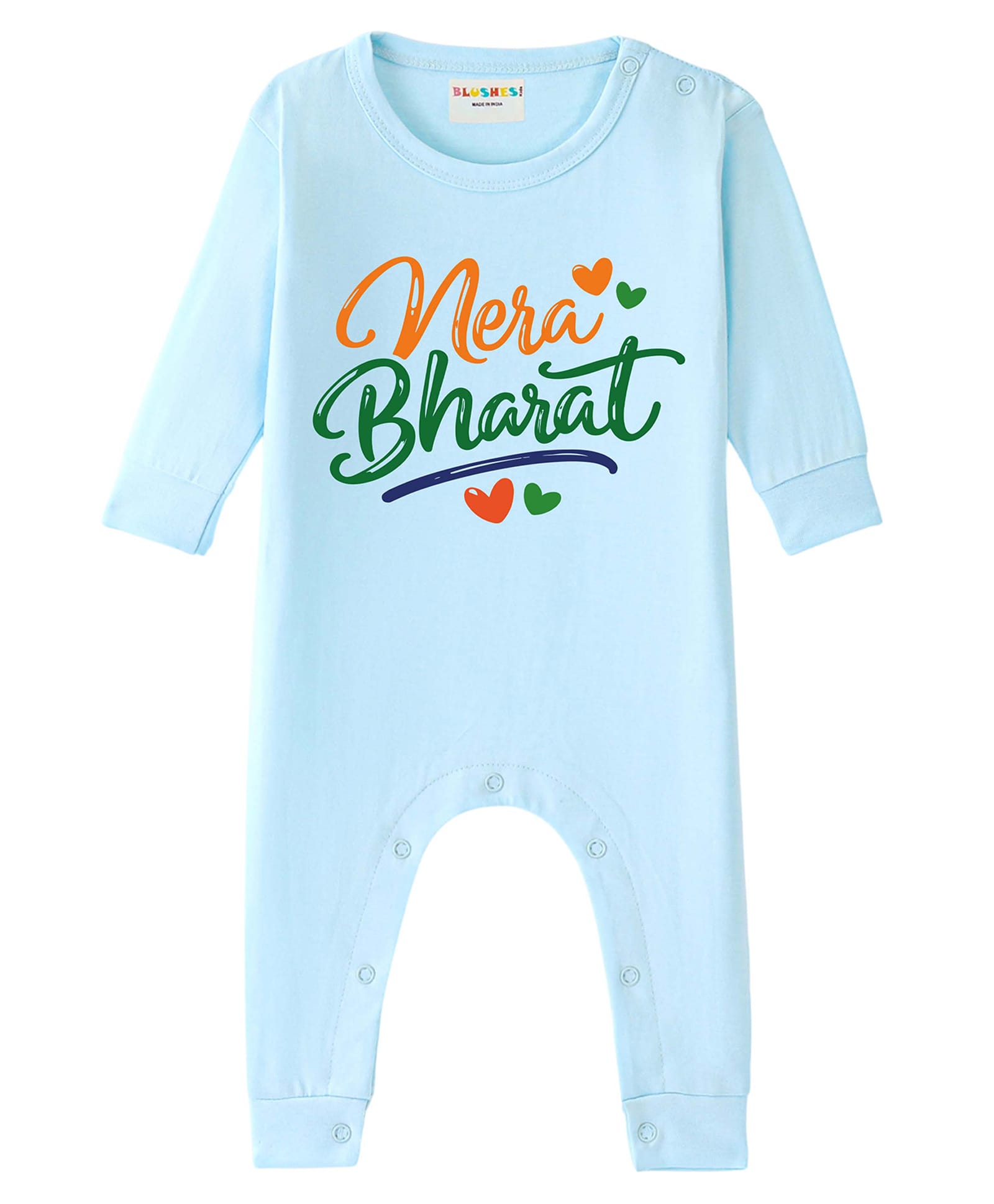 BLUSHES 100% Cotton Knit Independence Day Theme Full Sleeves Mera Bharat Text Printed Romper - Aqua Blue-image-35