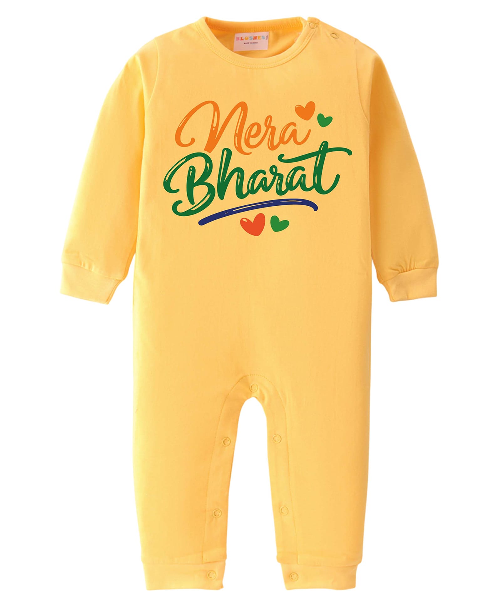 BLUSHES 100% Cotton Knit Independence Day Theme Full Sleeves Mera Bharat Text Printed Romper - Yellow-picture-3