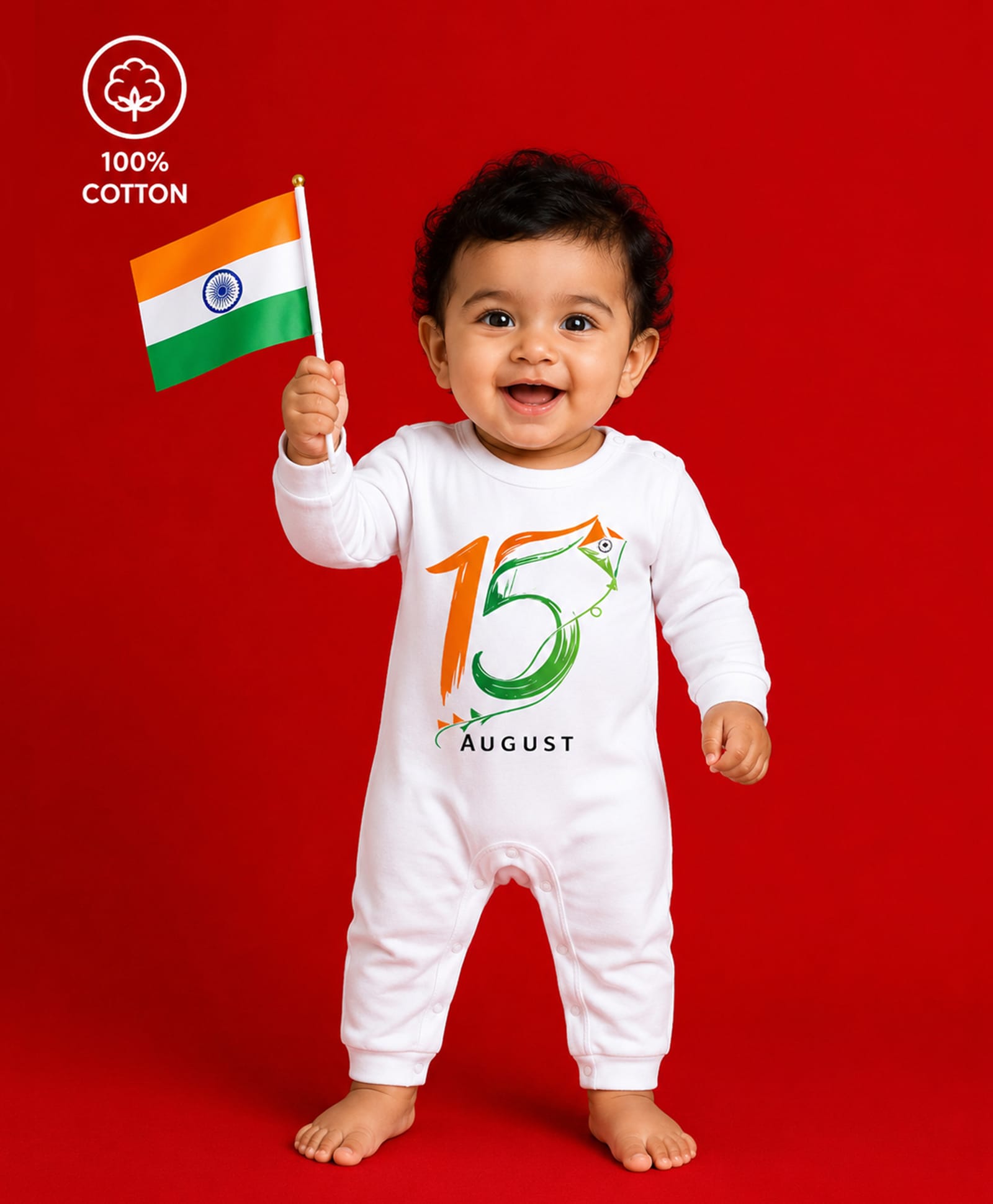 BLUSHES 100% Cotton Knit Independence Day Theme Full Sleeves 15 August Text Printed Romper - White-picture-1