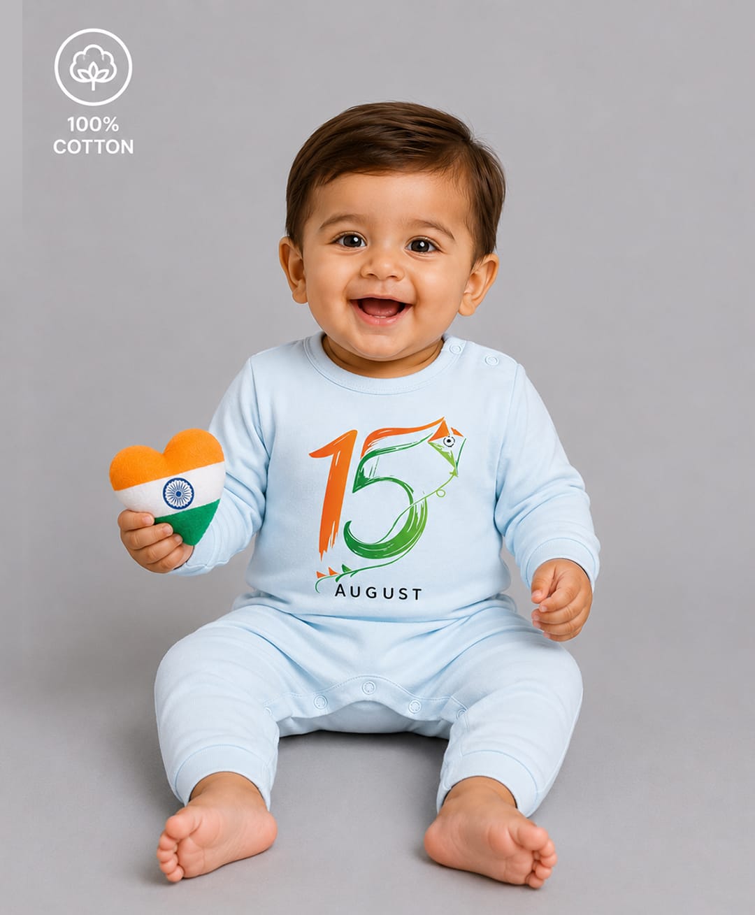 BLUSHES 100% Cotton Knit Independence Day Theme Full Sleeves 15 August Text Printed Romper - Aqua Blue-picture-20