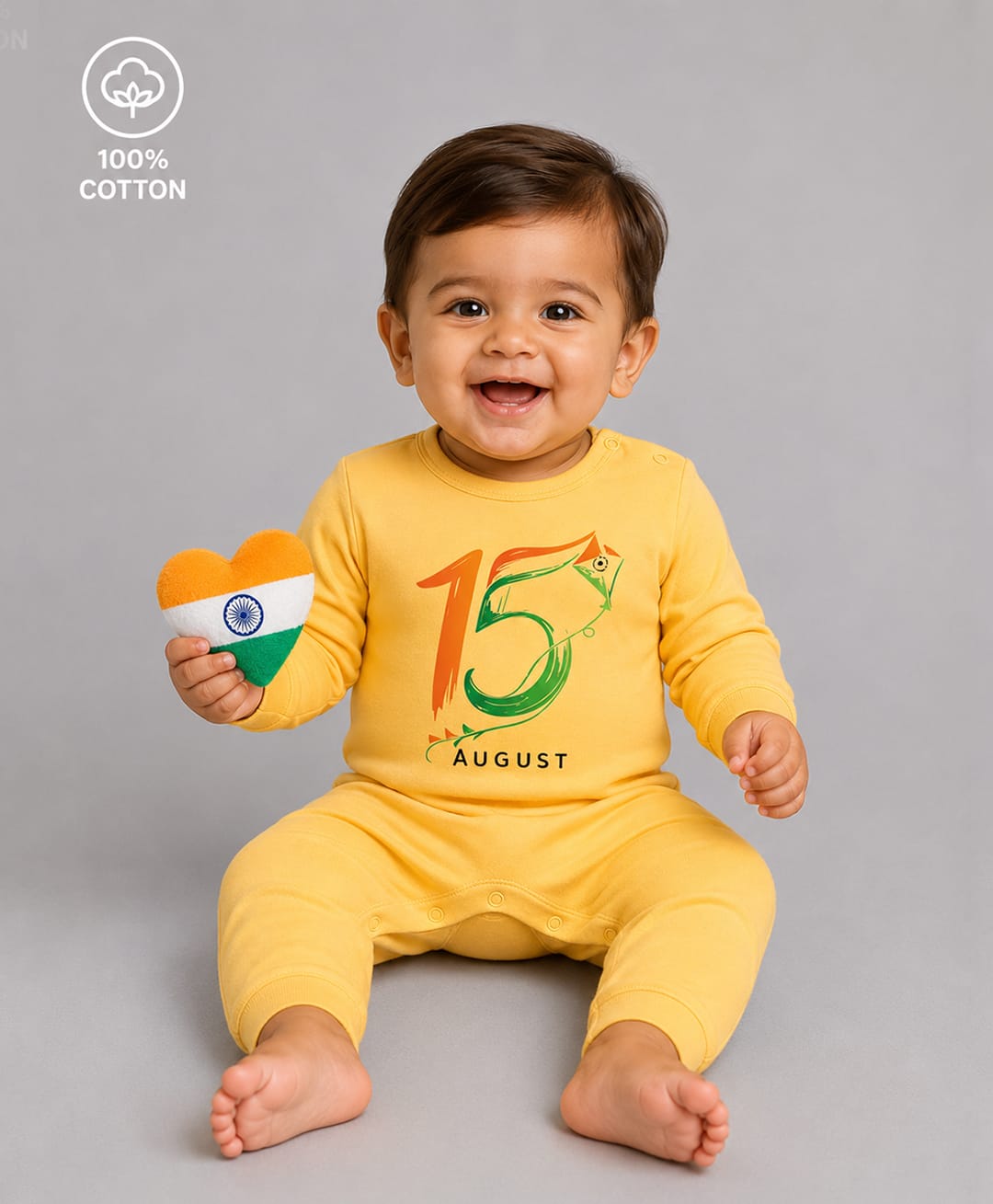 BLUSHES 100% Cotton Knit Independence Day Theme Full Sleeves 15 August Text Printed Romper - Yellow-picture-48