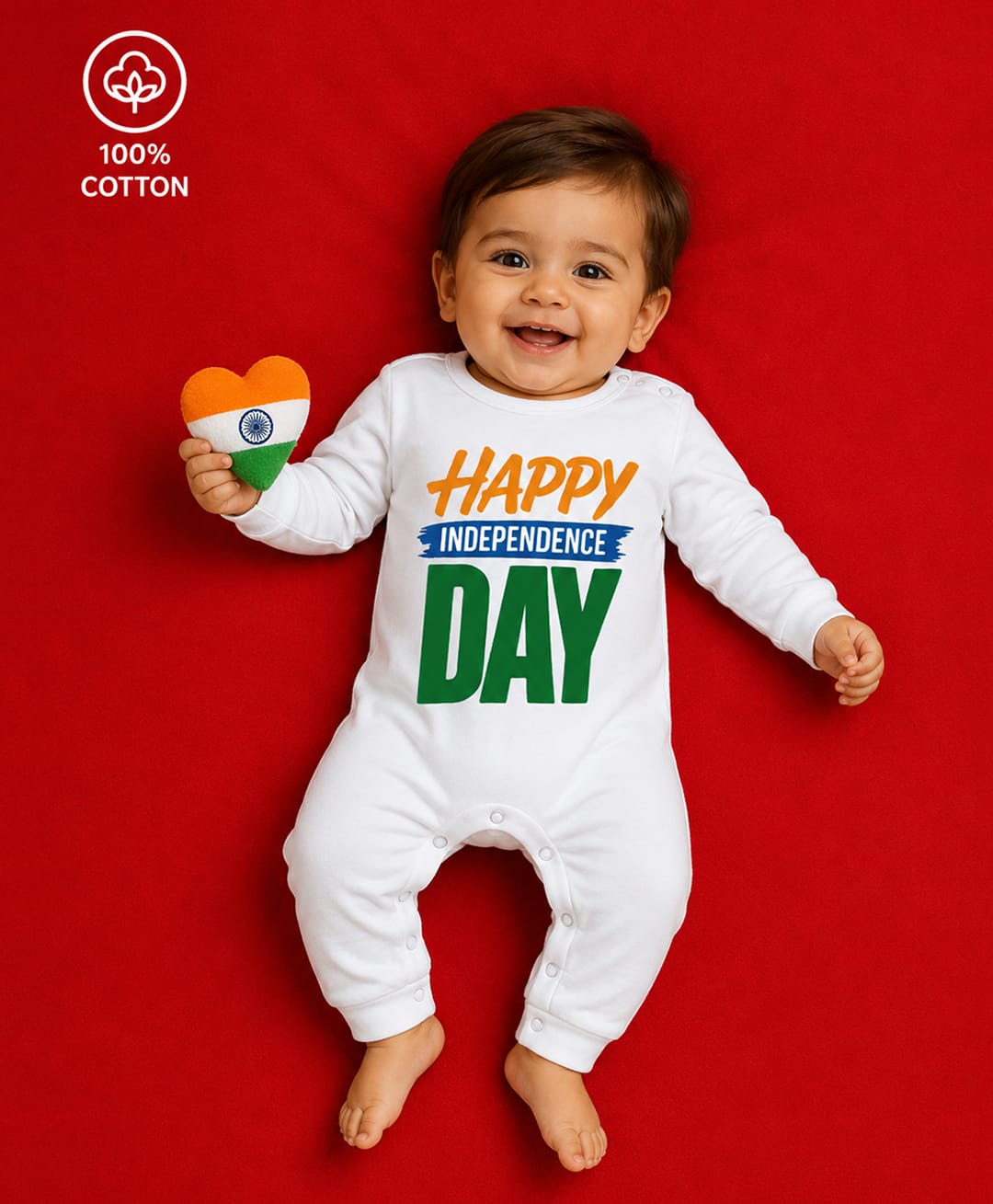 BLUSHES 100% Cotton Knit Independence Day Theme Full Sleeves Happy Independence Day Text Printed Romper - White-picture-10