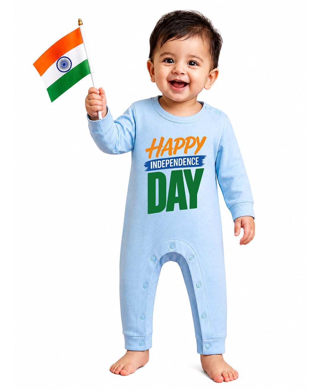 BLUSHES 100% Cotton Knit Independence Day Theme Full Sleeves Happy Independence Day Text Printed Romper - Aqua Blue-picture-14