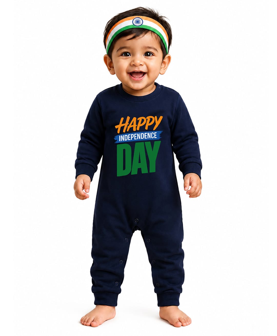 BLUSHES 100% Cotton Knit Independence Day Theme Full Sleeves Happy Independence Day Text Printed Romper - Navy Blue-picture-16