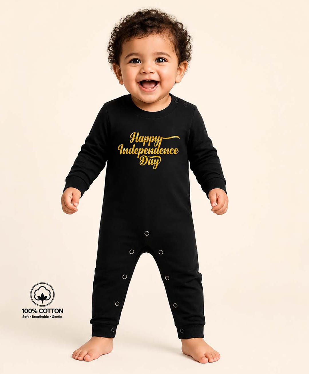 BLUSHES 100% Cotton Knit Independence Day Theme Full Sleeves Happy Independence Day Text Printed Romper - Black-picture-6