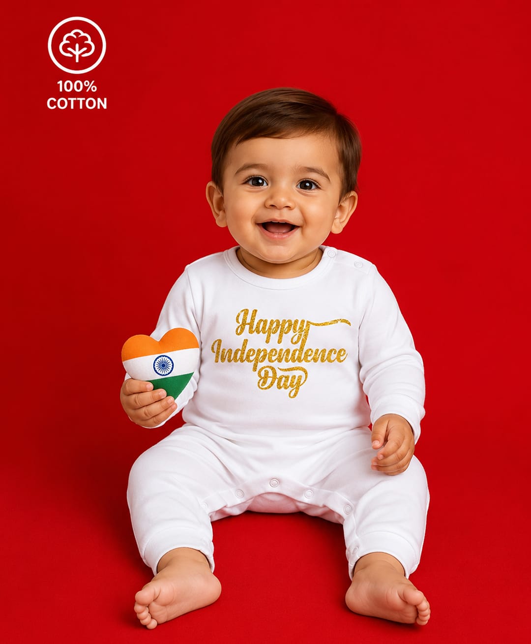 BLUSHES 100% Cotton Knit Independence Day Theme Full Sleeves Happy Independence Day Text Printed Romper - White-picture-8