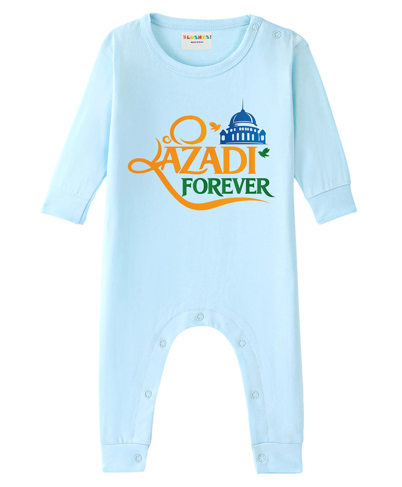 BLUSHES 100% Cotton Knit Independence Day Theme Full Sleeves Azadi Forever Text Printed Romper - Aqua Blue-image-42