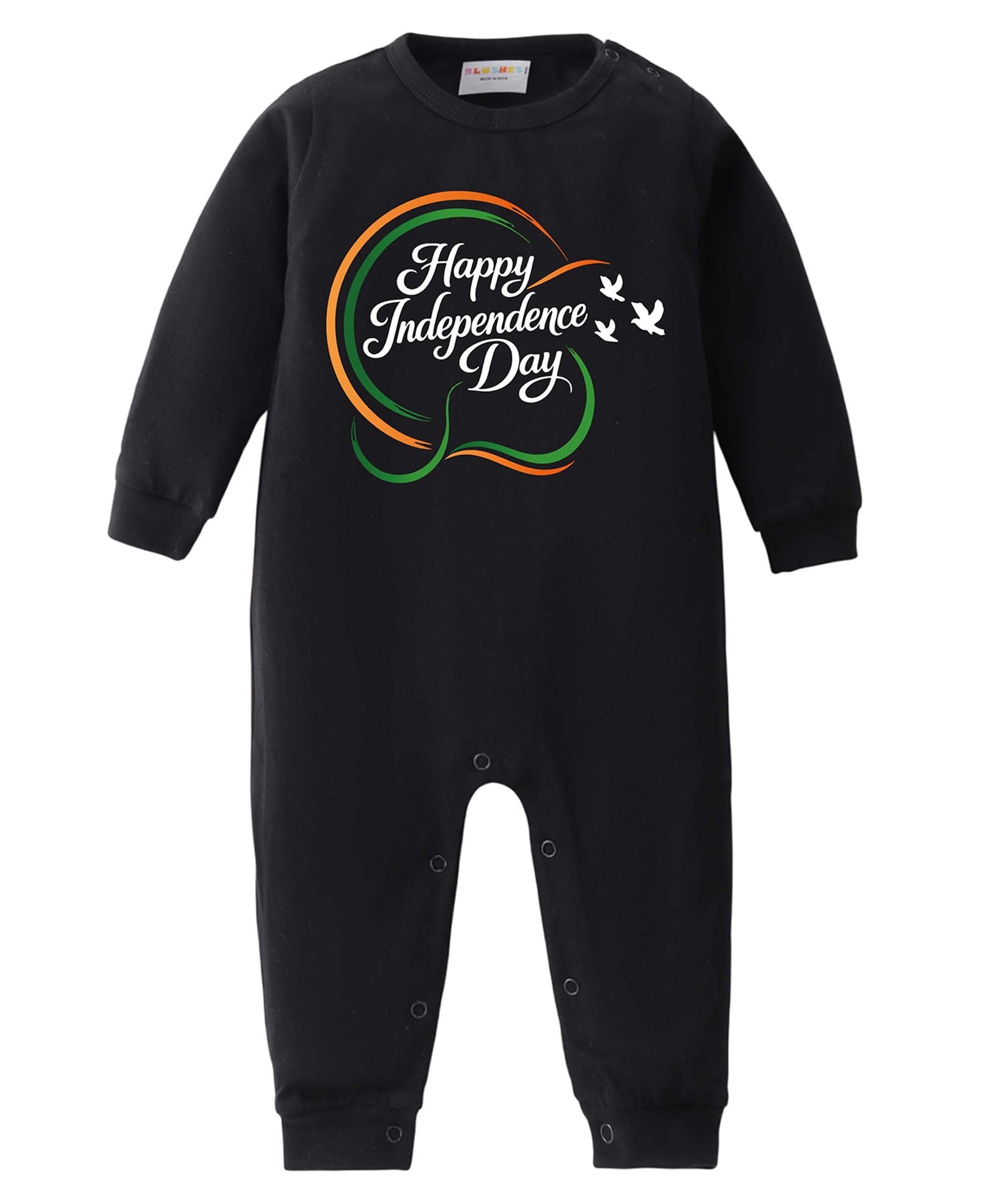 BLUSHES 100% Cotton Knit Independence Day Theme Full Sleeves Happy Independence Day Text Printed Romper - Black-picture-13