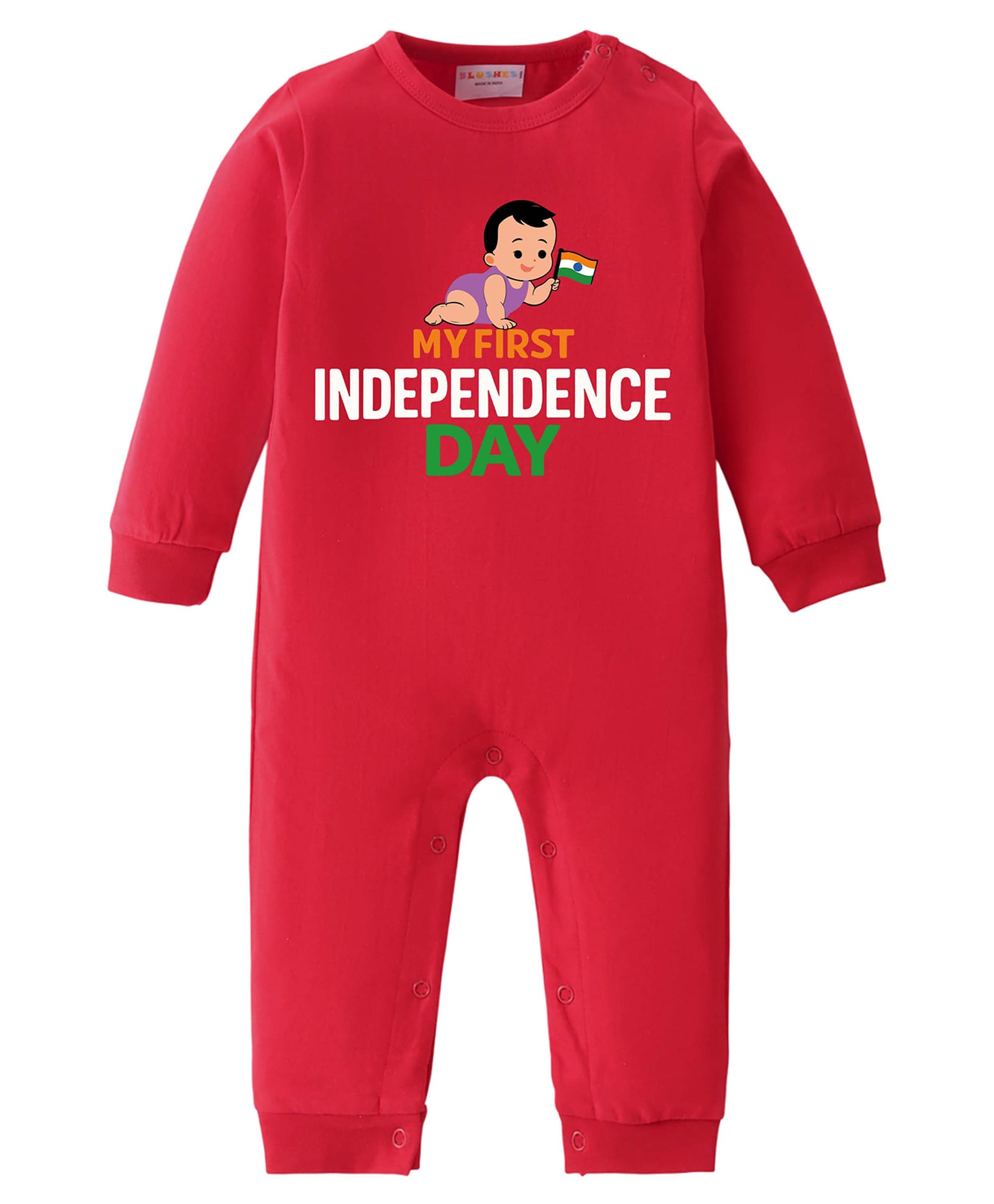 BLUSHES 100% Cotton Knit Independence Day Theme Full Sleeves My First Independence Day Text Printed Romper - Red-picture-48