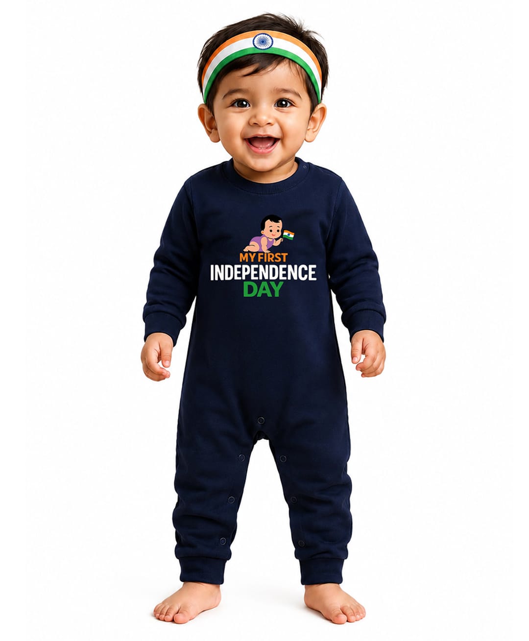 BLUSHES 100% Cotton Knit Independence Day Theme Full Sleeves My First Independence Day Text Printed Romper - Navy Blue-picture-14