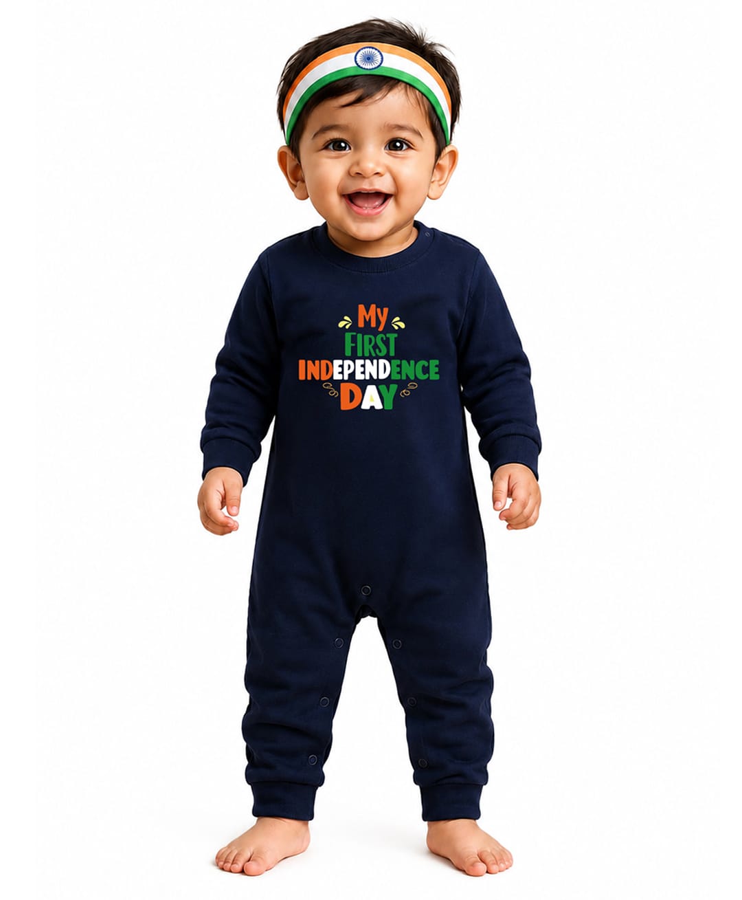 BLUSHES 100% Cotton Knit Independence Day Theme Full Sleeves My First Independence Day Text Printed Romper - Navy Blue-image-17