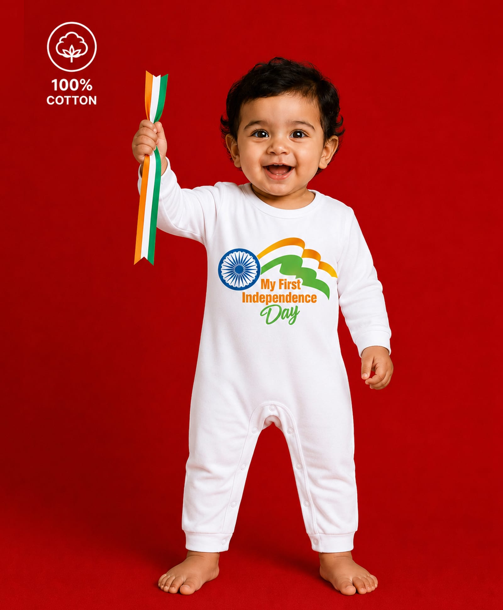 BLUSHES 100% Cotton Knit Independence Day Theme Full Sleeves My First Independence Day Text Printed Romper - White-picture-25