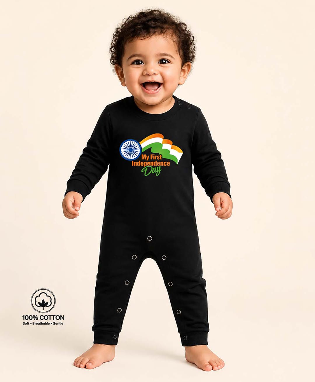 BLUSHES 100% Cotton Knit Independence Day Theme Full Sleeves My First Independence Day Text Printed Romper - Black-picture-47