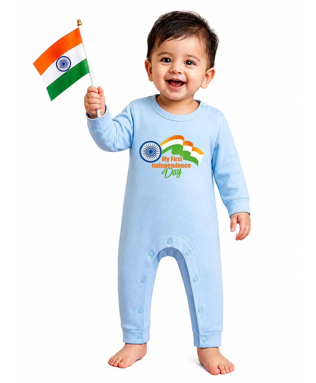 BLUSHES 100% Cotton Knit Independence Day Theme Full Sleeves My First Independence Day Text Printed Romper - Aqua Blue-picture-49
