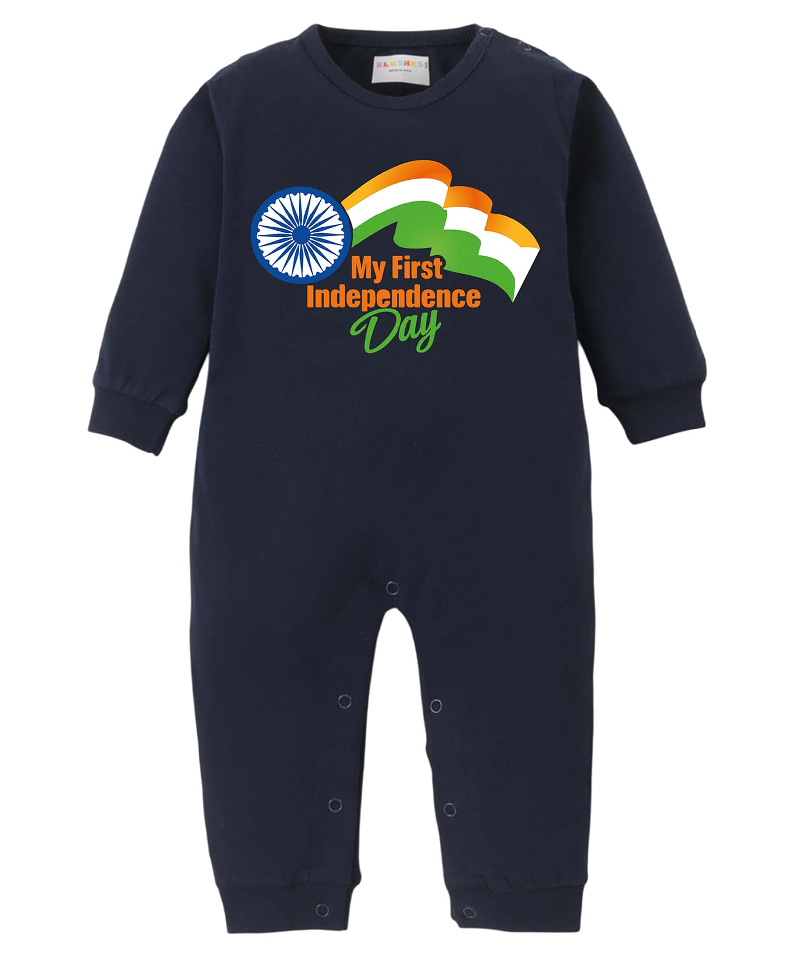 BLUSHES 100% Cotton Knit Independence Day Theme Full Sleeves My First Independence Day Text Printed Romper - Navy Blue-picture-5