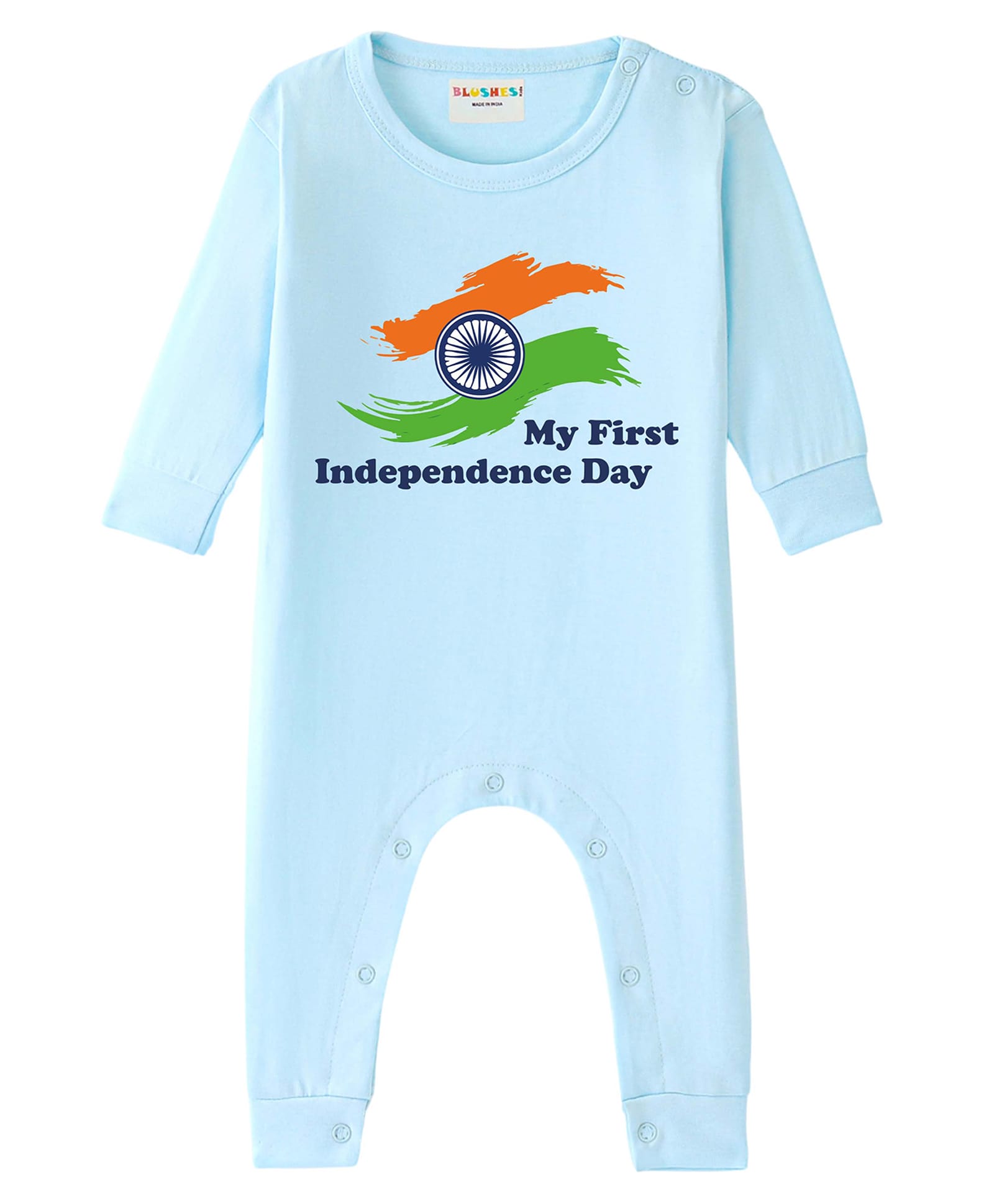 BLUSHES 100% Cotton Knit Full Sleeves My First Independence Day Text Printed Romper - Aqua Blue-picture-36