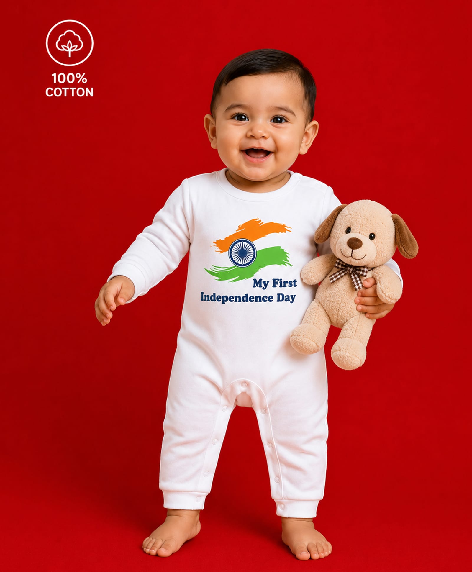 BLUSHES 100% Cotton Knit Independence Day Theme Full Sleeves My First Independence Day Text Printed Romper - White-picture-11
