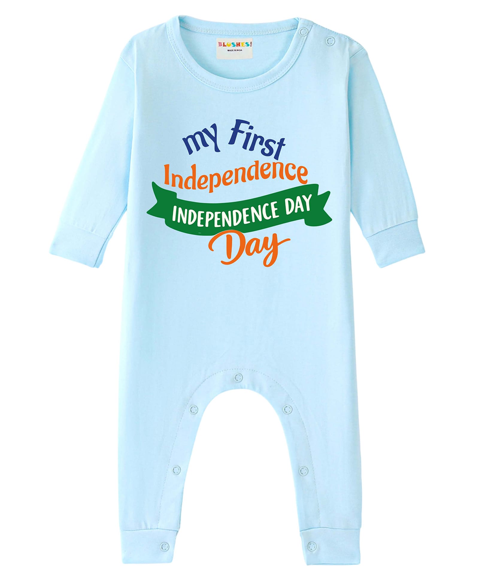 BLUSHES 100% Cotton Knit Independence Day Theme Full Sleeves My First Independence Day Text Printed Romper - Aqua Blue-picture-19