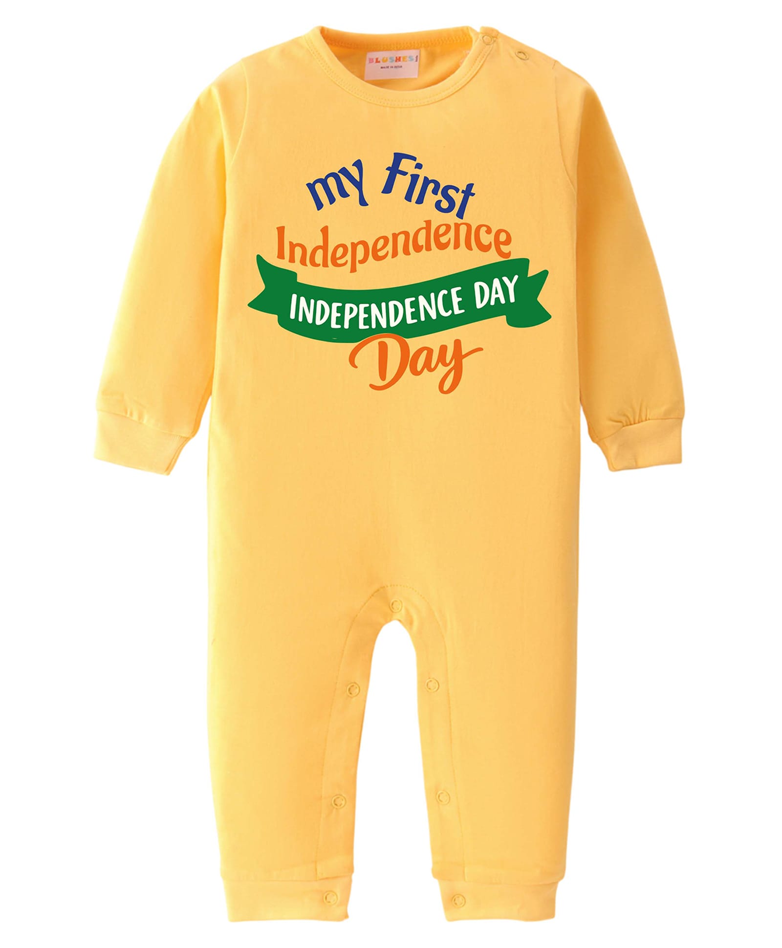 BLUSHES 100% Cotton Knit Full Sleeves My First Independence Day Text Printed Romper - Yellow-picture-6