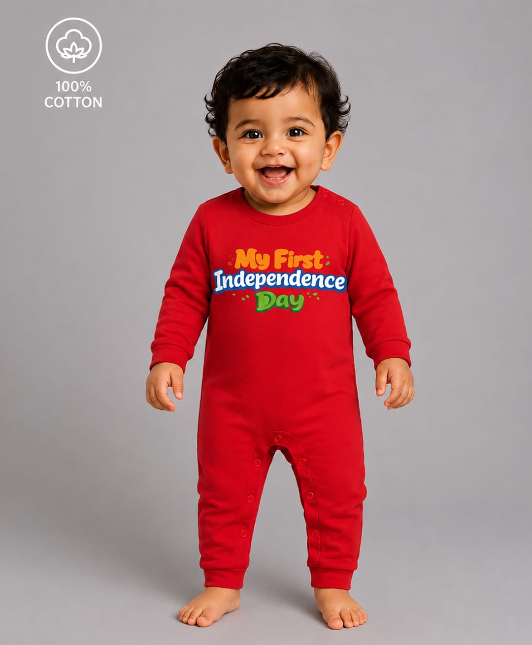 BLUSHES 100% Cotton Knit Independence Day Theme Full Sleeves My First Independence Day Text Printed Romper - Red-picture-12