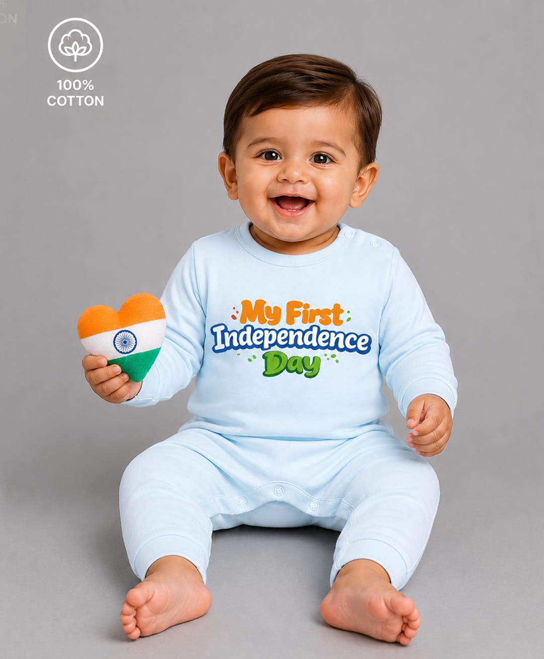 BLUSHES 100% Cotton Knit Independence Day Theme Full Sleeves My First Independence Day Text Printed Romper - Aqua Blue-picture-48