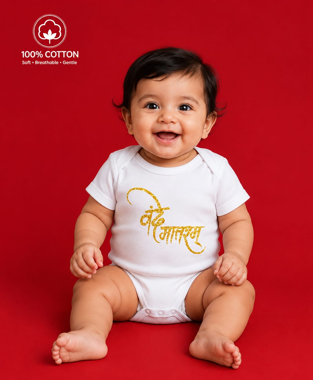 BLUSHES 100% Cotton Knit Independence Day Theme Half Sleeves Vande Mataram Text Printed Onesie - White-picture-19