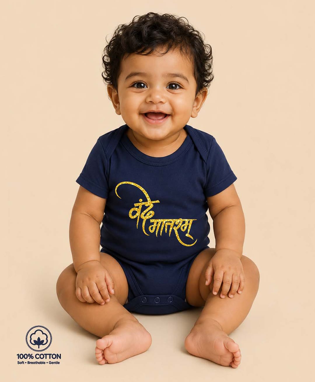 BLUSHES 100% Cotton Knit Independence Day Theme Half Sleeves Vande Mataram Text Printed Onesie - Navy Blue-picture-6