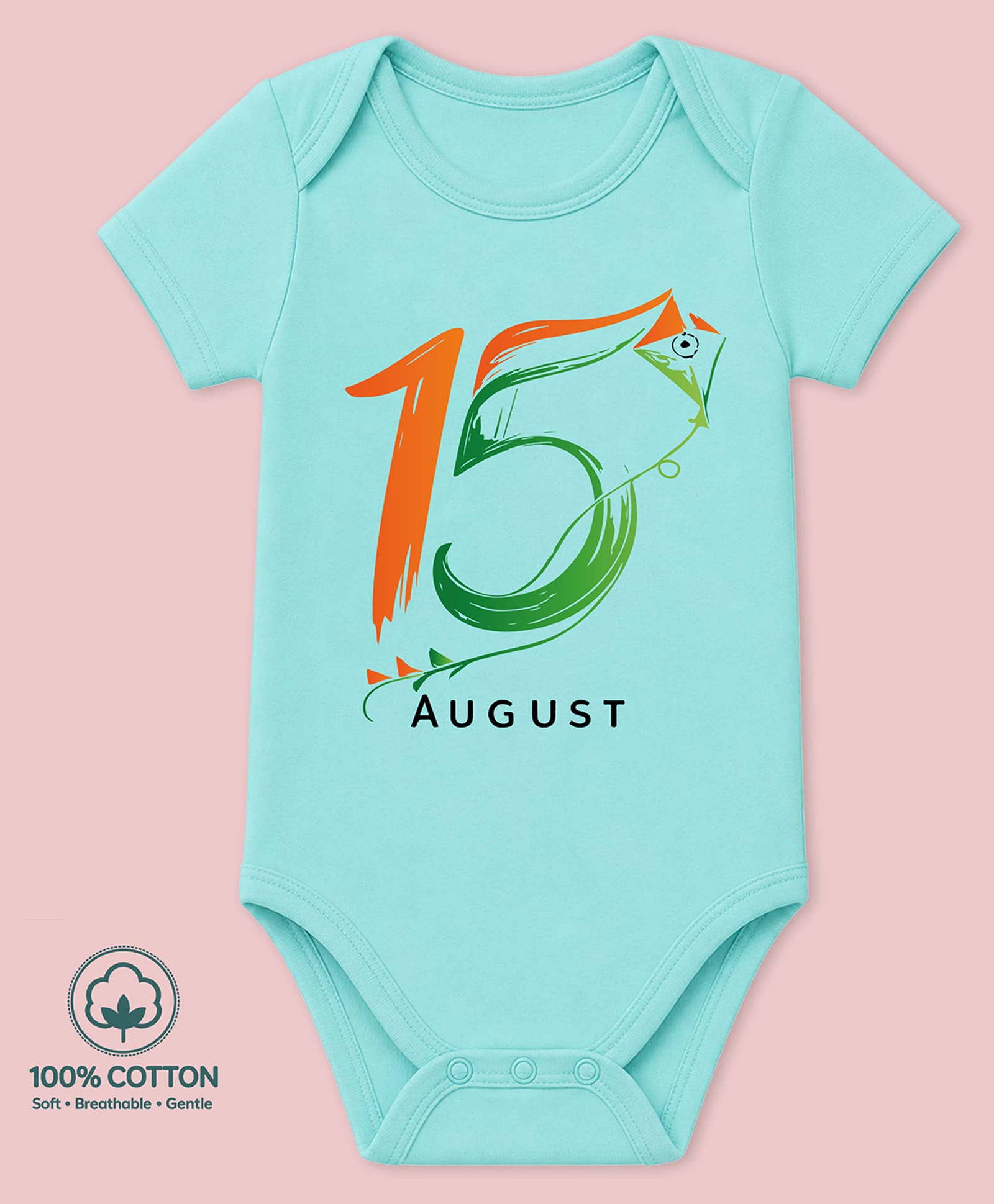 BLUSHES 100% Cotton Knit Independence Day Theme Half Sleeves 15 August Text Printed Onesie - Sea Green-picture-10