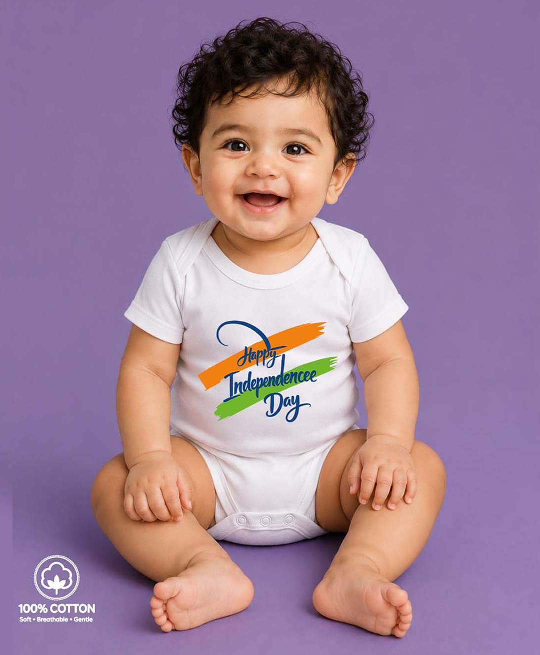 BLUSHES 100% Cotton Knit Independence Day Theme Half Sleeves Happy Independence Day Text Printed Onesie - White-picture-35