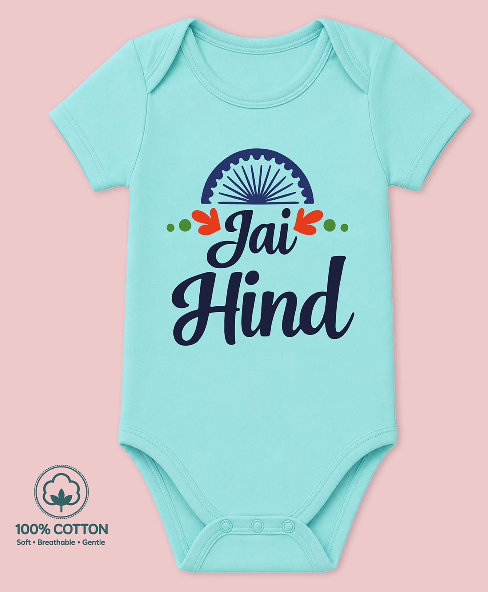 BLUSHES 100% Cotton Knit Independence Day Theme Half Sleeves Jai Hind Text Printed Onesie - Sea Green-picture-40