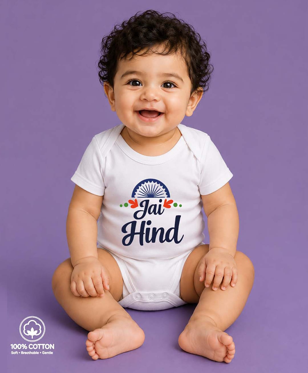 BLUSHES 100% Cotton Knit Independence Day Theme Half Sleeves Jai Hind Text Printed Onesie - White-picture-2