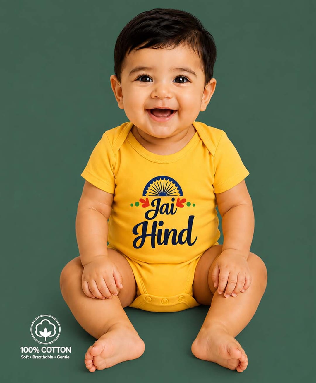 BLUSHES 100% Cotton Knit Independence Day Theme Half Sleeves Jai Hind Text Printed Onesie - Yellow-picture-49