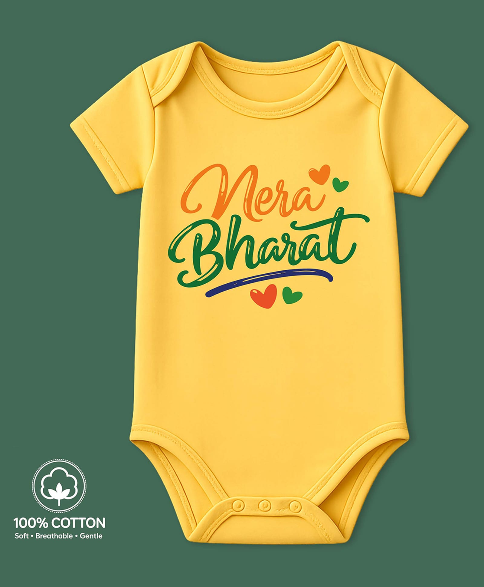 BLUSHES 100% Cotton Knit Independence Day Theme Half Sleeves Mera Bharat Text Printed Onesie - Yellow-picture-6