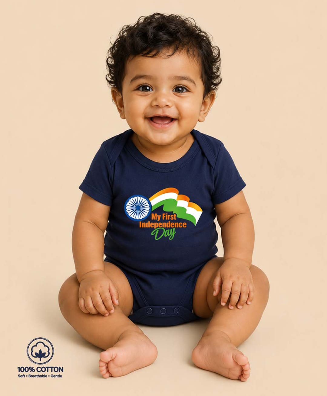 BLUSHES 100% Cotton Knit Independence Day Theme Half Sleeves I Love My India Text Printed Onesie - Navy Blue-picture-33