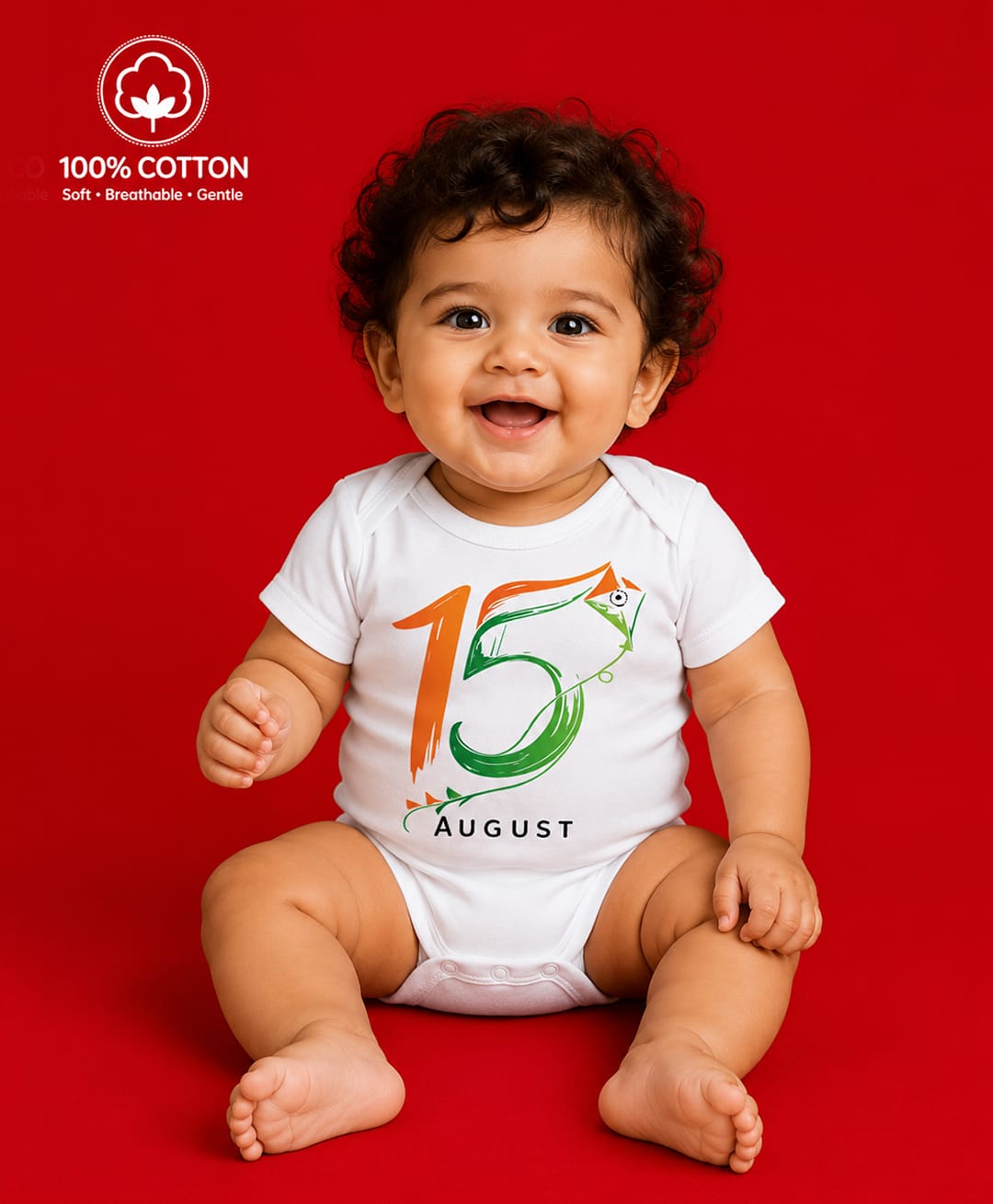 BLUSHES 100% Cotton Knit Independence Day Theme Half Sleeves 15 August Text Printed Onesie - White-picture-39