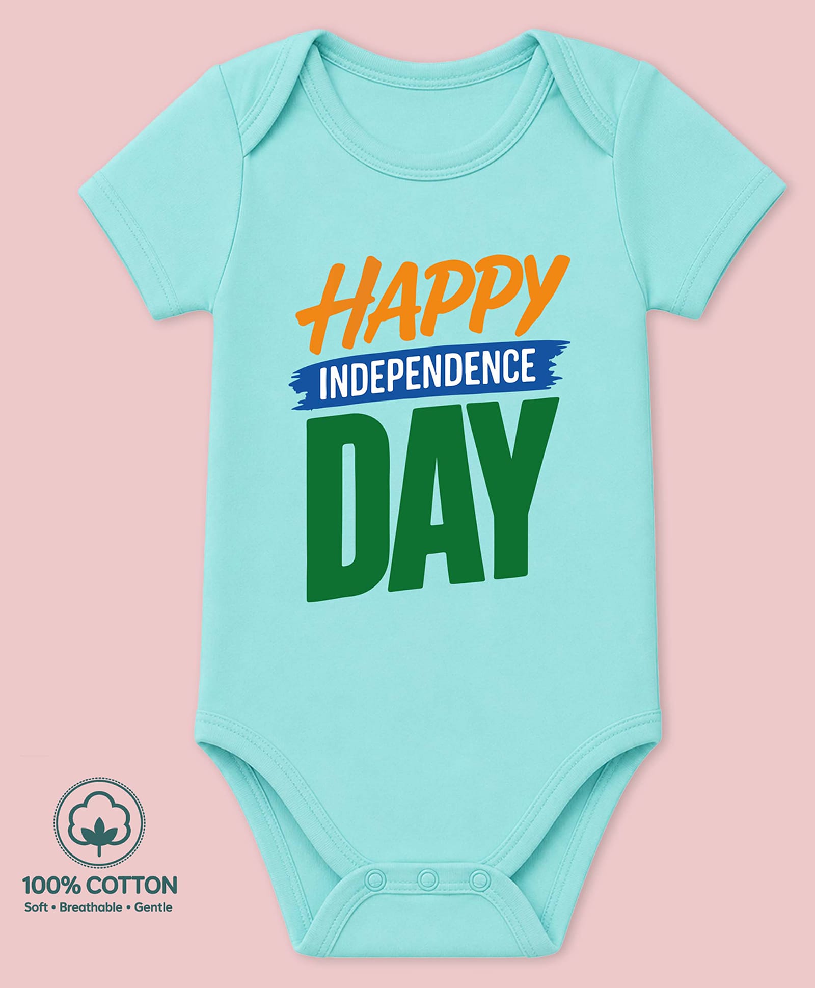 BLUSHES 100% Cotton Knit Independence Day Theme Half Sleeves Happy Independence Day Text Printed Onesie - Sea Green-picture-45