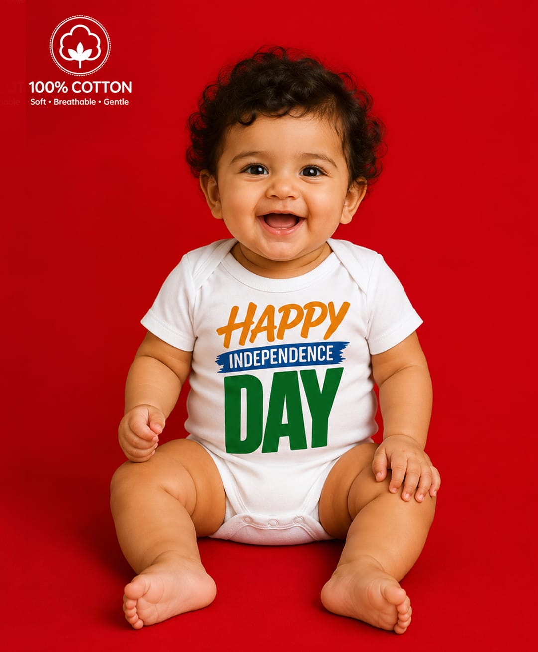 BLUSHES 100% Cotton Knit Independence Day Theme Half Sleeves Happy Independence Day Text Printed Onesie - White-picture-28