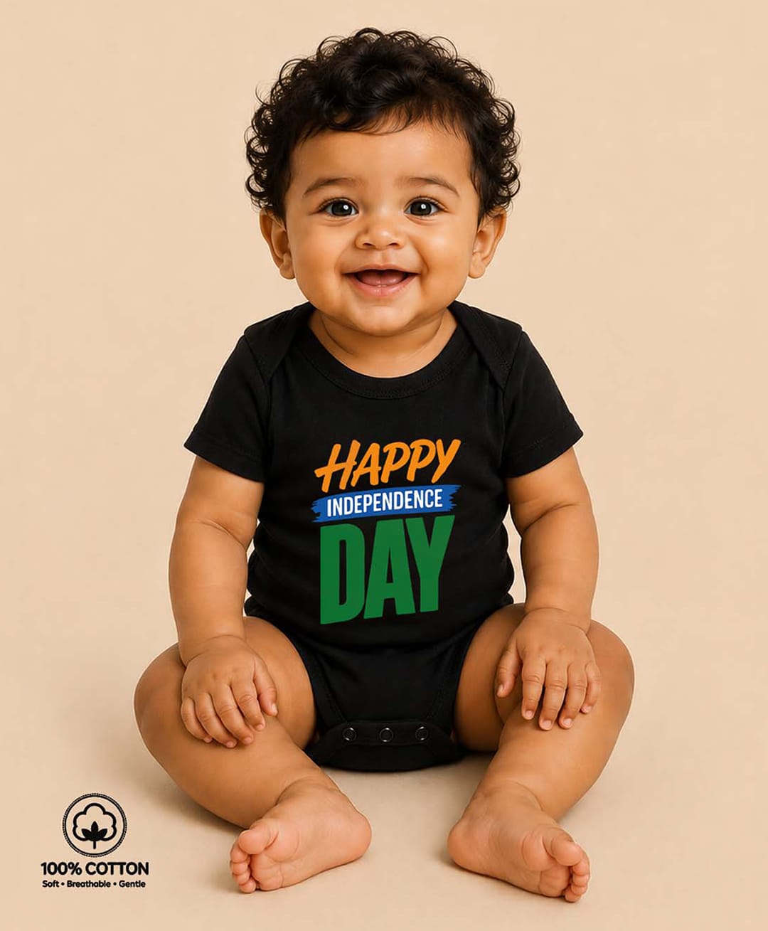 BLUSHES 100% Cotton Knit Independence Day Theme Half Sleeves Happy Independence Day Text Printed Onesie - Black-image-39