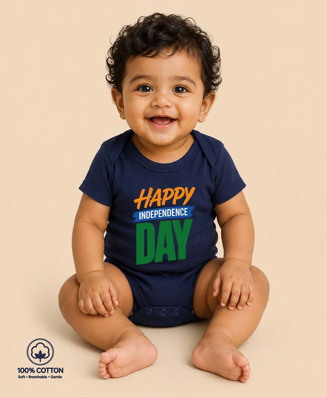 BLUSHES 100% Cotton Knit Independence Day Theme Half Sleeves Happy Independence Day Text Printed Onesie - Navy Blue-picture-20