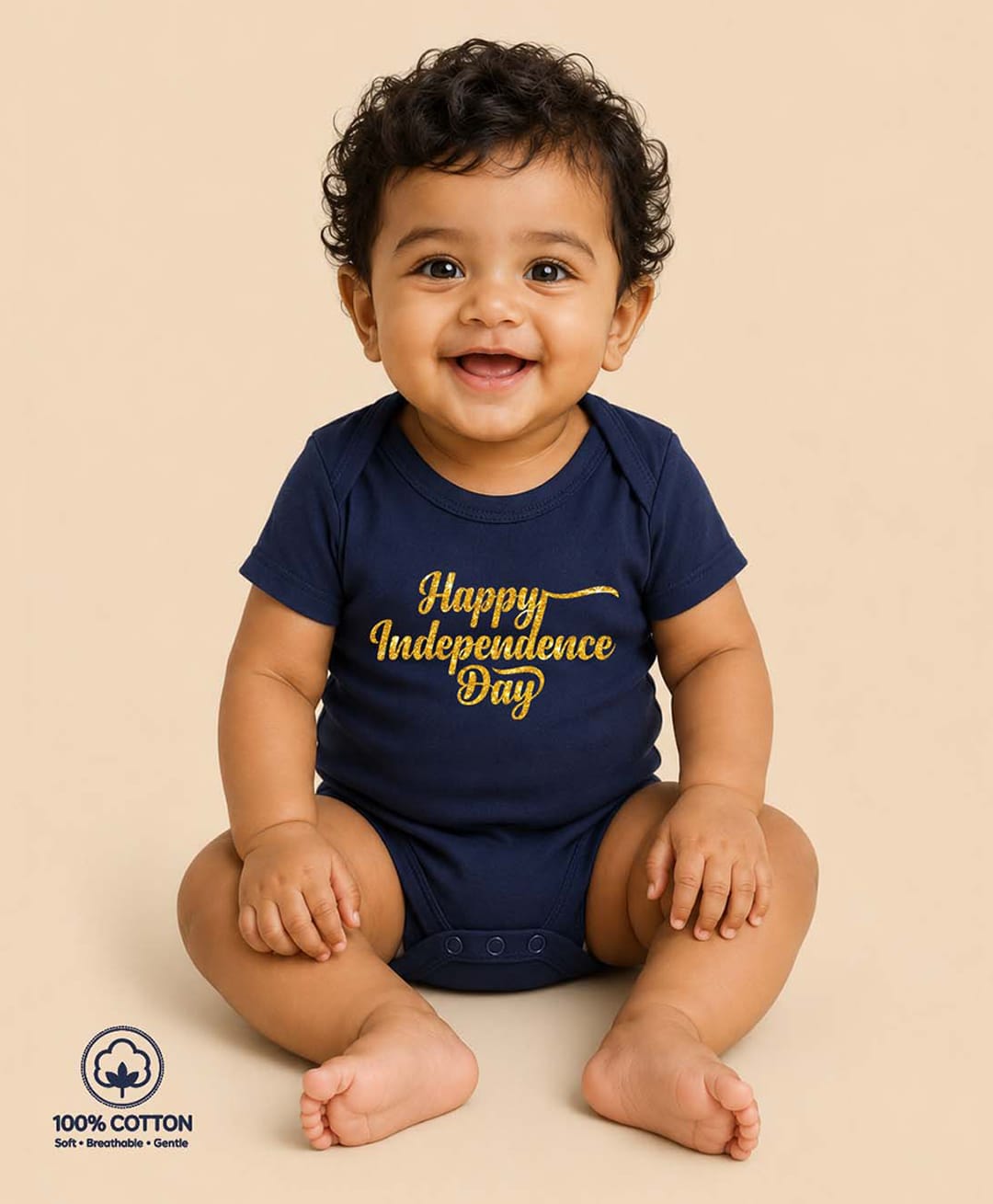BLUSHES 100% Cotton Knit Independence Day Theme Half Sleeves Happy Independence Day Text Printed Onesie - Navy Blue-picture-17