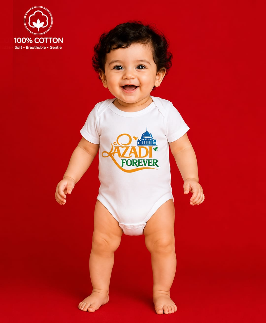 BLUSHES 100% Cotton Knit Independence Day Theme Half Sleeves Azadi Forever Text Printed Onesie - White-picture-27