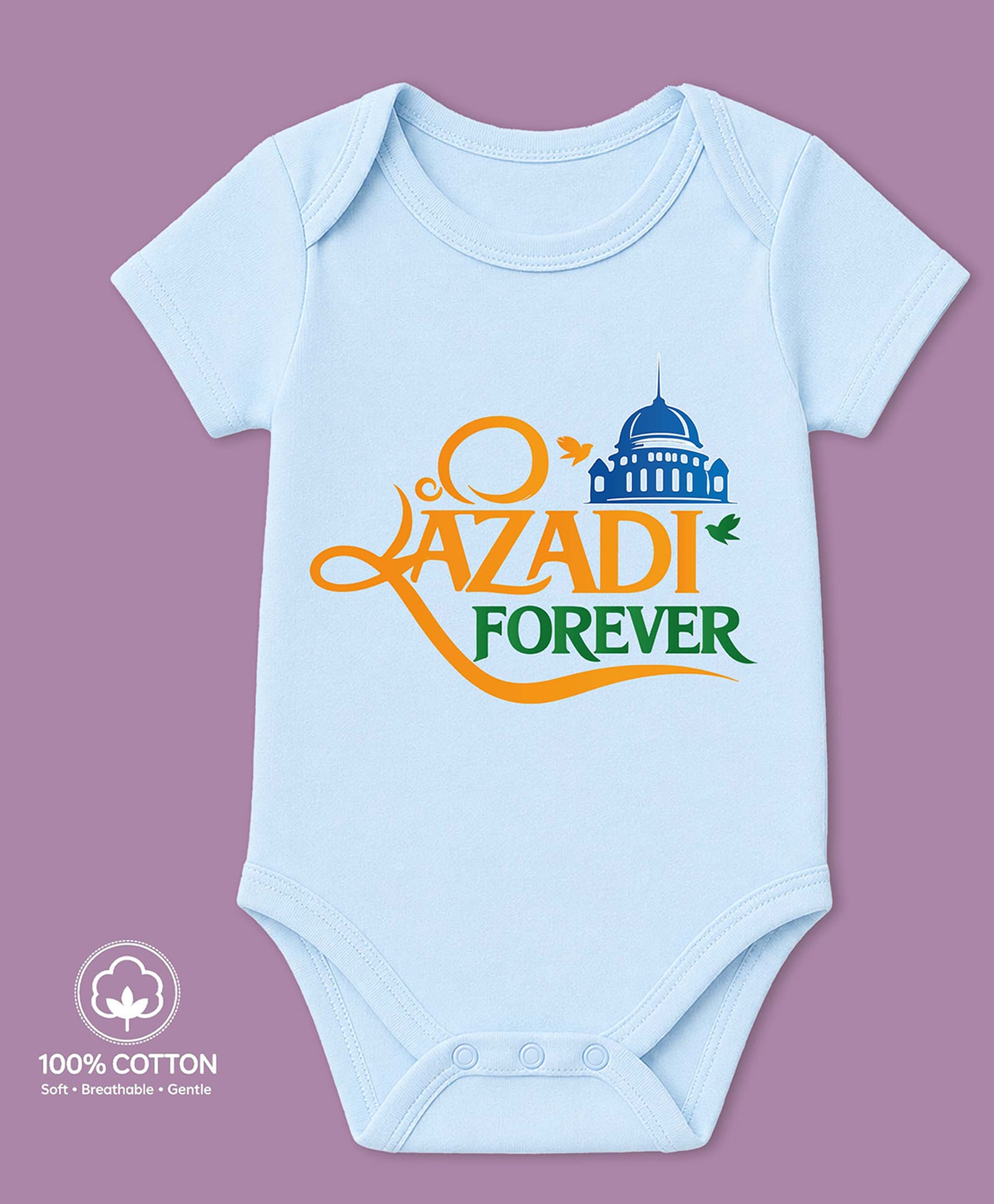BLUSHES 100% Cotton Knit Independence Day Theme Half Sleeves Azadi Forever Text Printed Onesie - Aqua Blue-picture-27