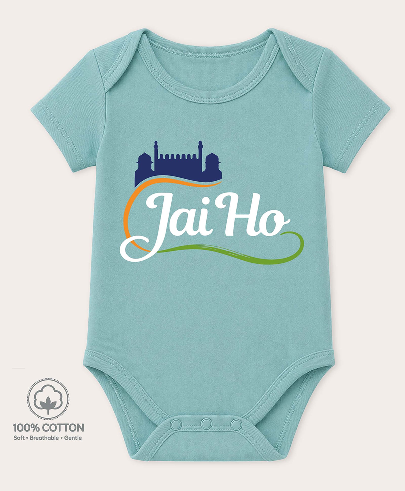 BLUSHES 100% Cotton Knit Independence Day Theme Half Sleeves Jai Ho Text Printed Onesie - Turquoise-picture-11