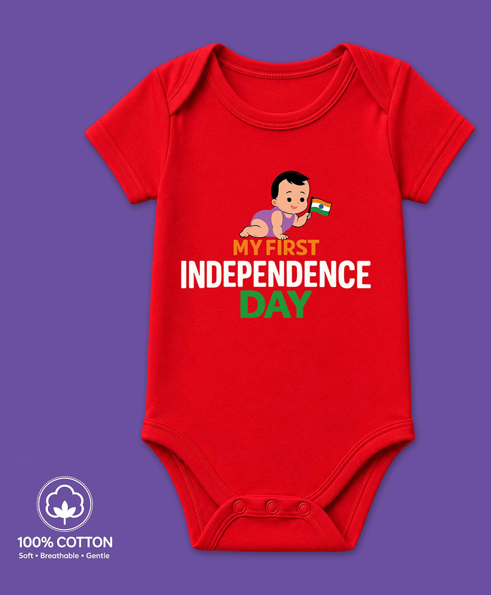 BLUSHES 100% Cotton Knit Independence Day Theme Half Sleeves My First Independence Day Text Printed Onesie - Red-picture-17