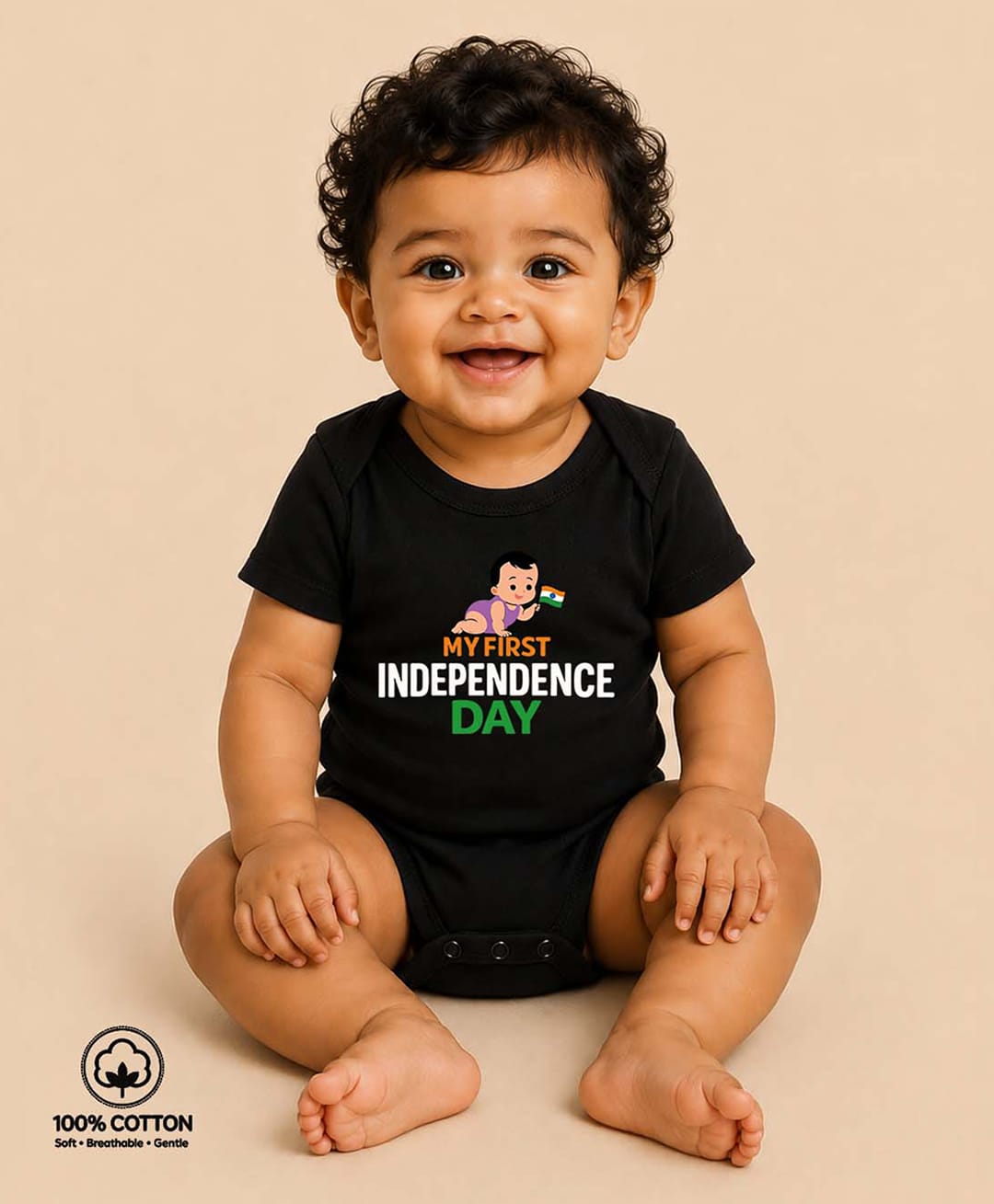 BLUSHES 100% Cotton Knit Independence Day Theme Half Sleeves My First Independence Day Text Printed Onesie - Black-picture-1