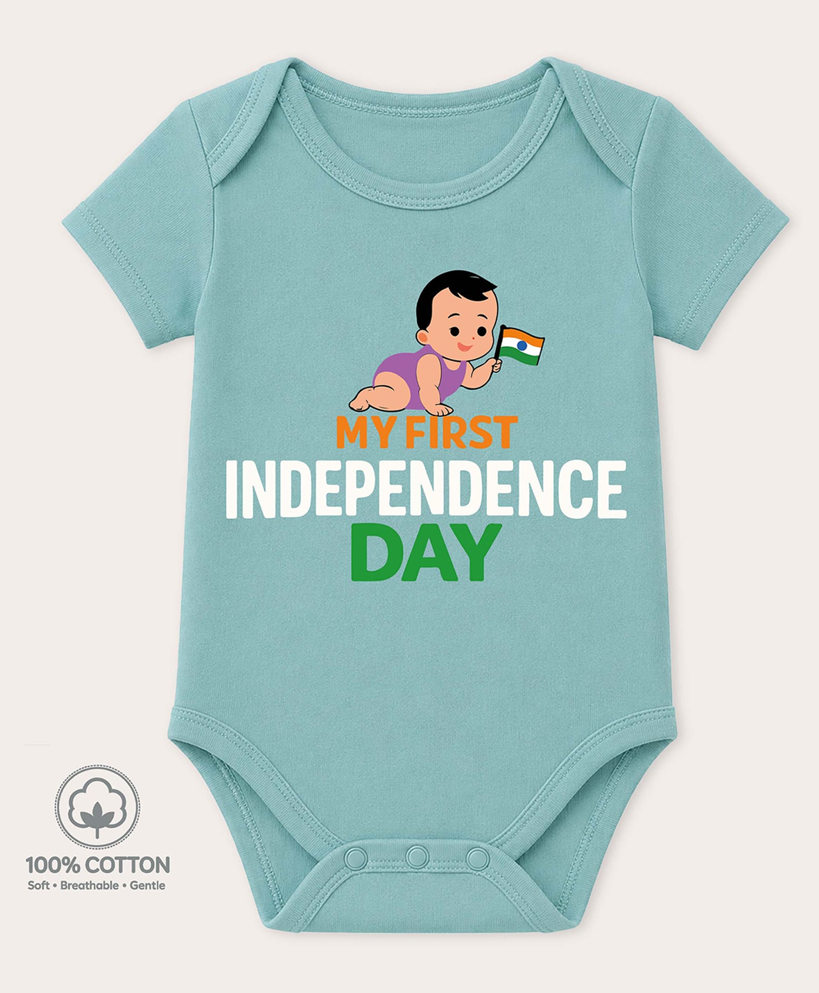 BLUSHES 100% Cotton Knit Independence Day Theme Half Sleeves My First Independence Day Text Printed Onesie - Turquoise-picture-35