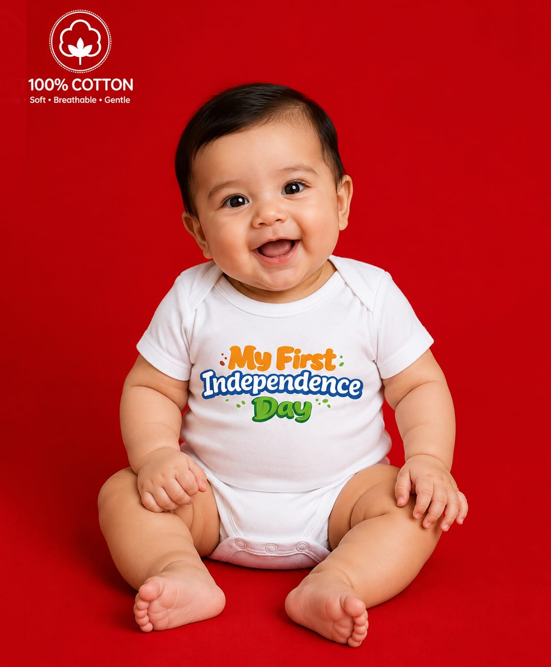 BLUSHES 100% Cotton Knit Independence Day Theme Half Sleeves My First Independence Day Text Printed Onesie - White-picture-10