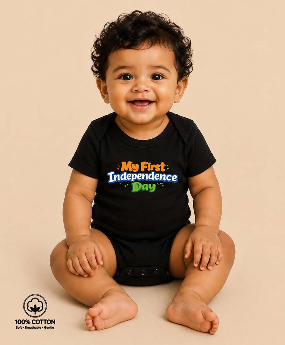 BLUSHES 100% Cotton Knit Independence Day Theme Half Sleeves My First Independence Day Text Printed Onesie - Black-picture-21
