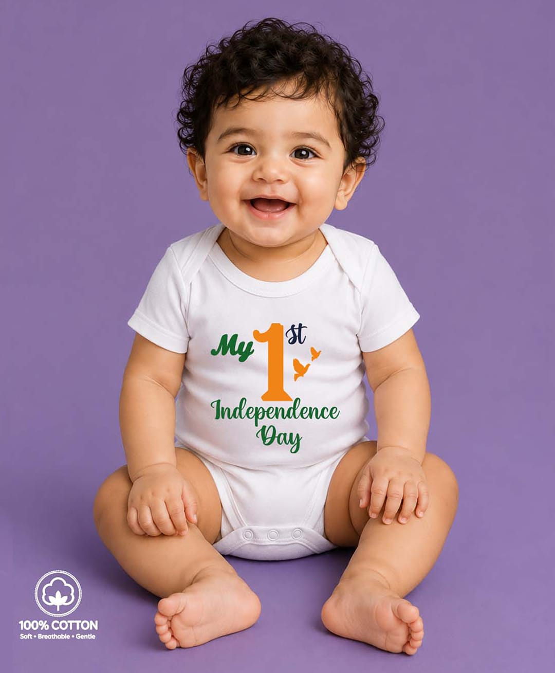 BLUSHES 100% Cotton Knit Independence Day Theme Half Sleeves My 1st Independence Day Text Printed Onesie - White-picture-19